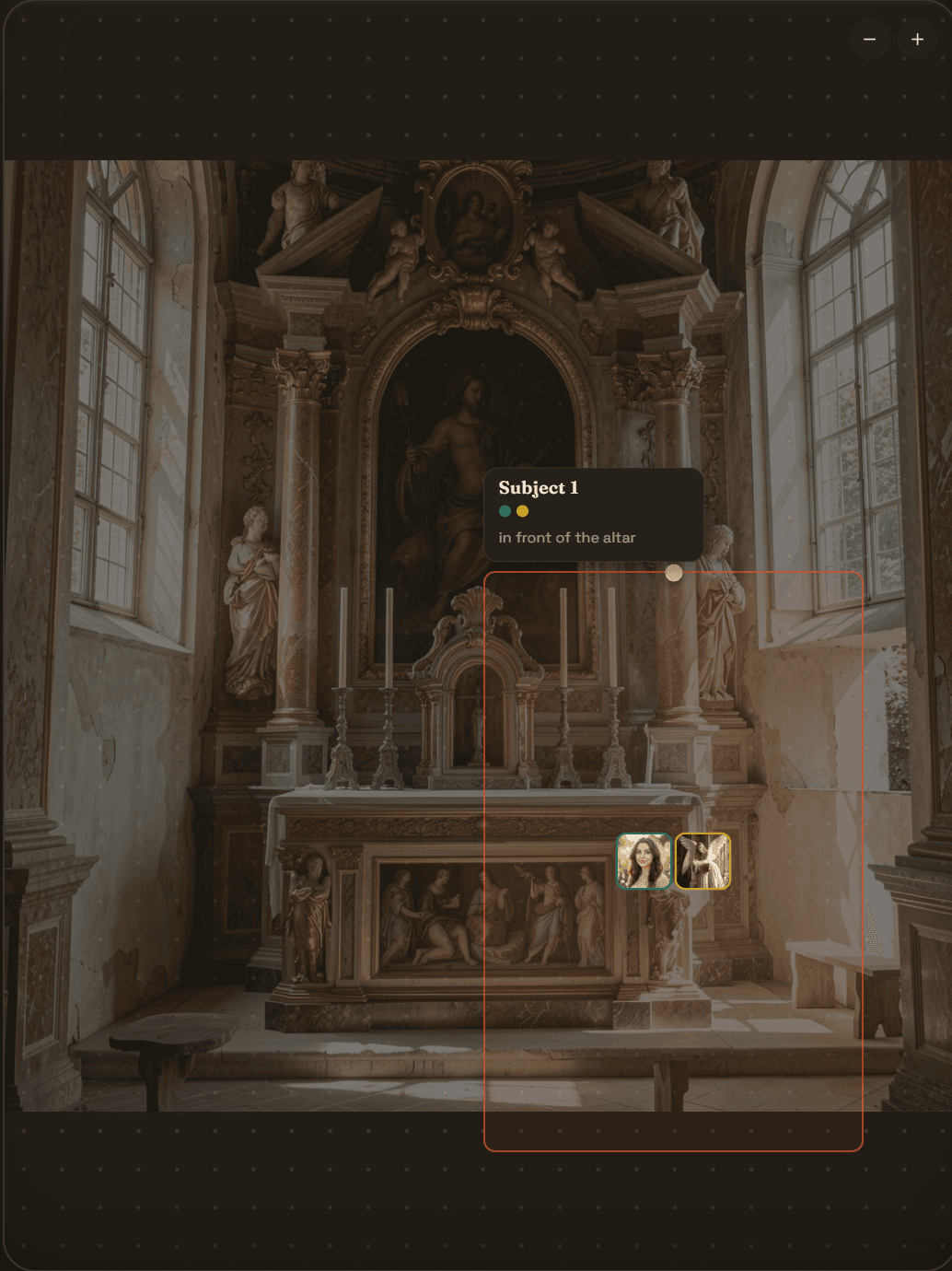 The canvas with the church scene previewed behind the subject box